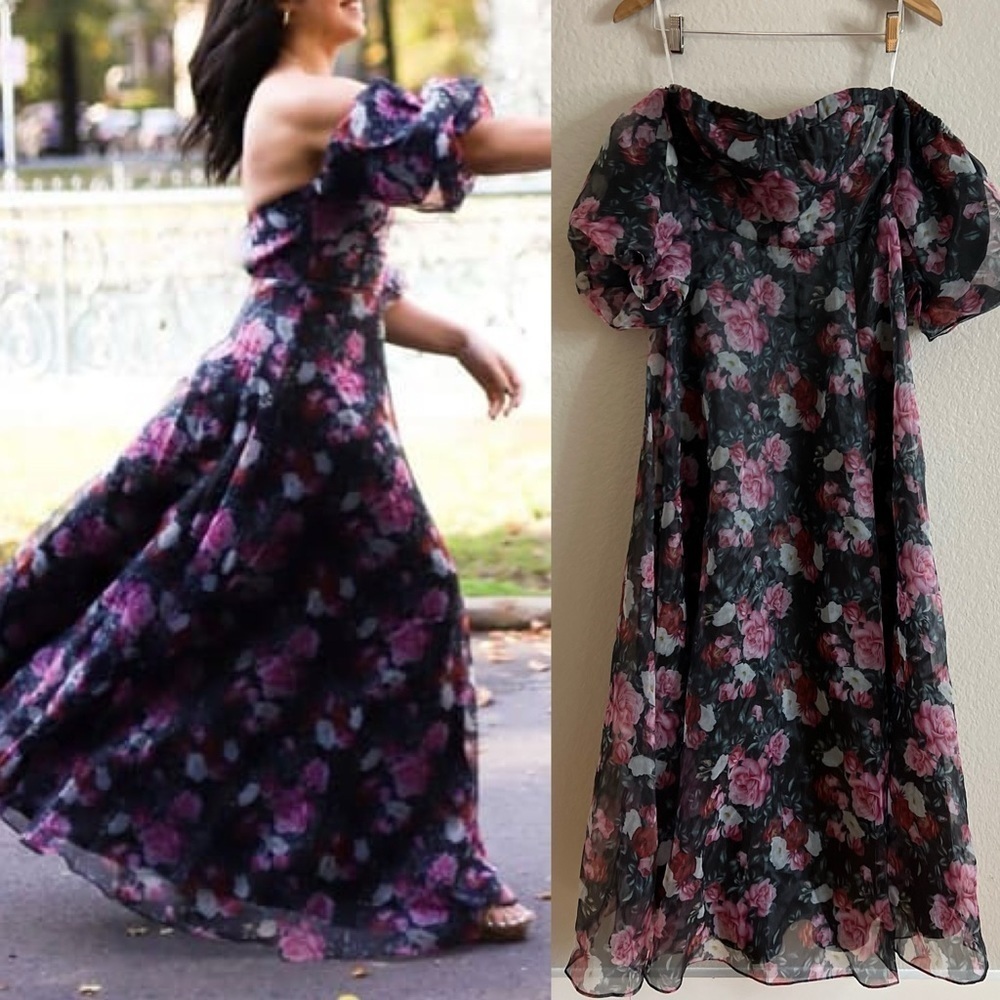NWOT True Excellence Black Floral Bustier Off-The-Shoulder Maxi Dress